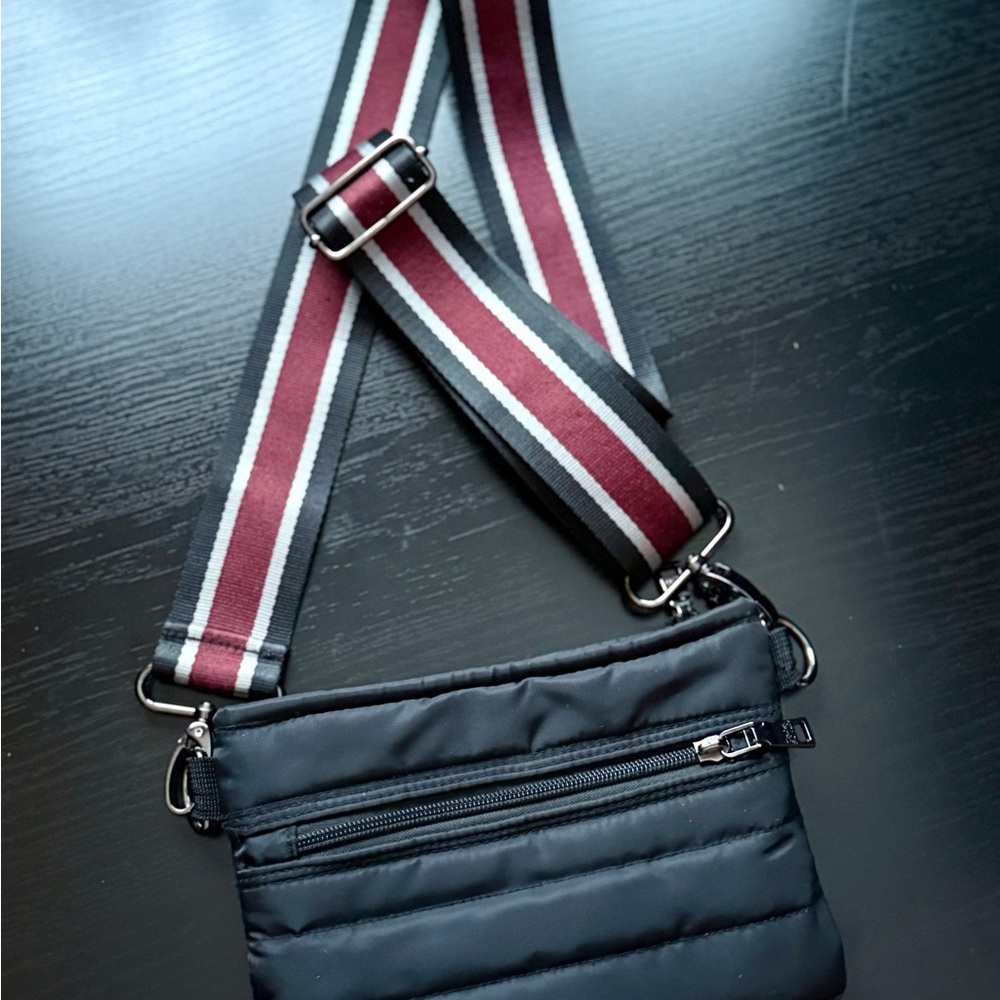 Think Royln Black Quilted Crossbody Bag Striped Strap Lightweight Nylon